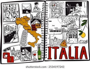 A spread of a travel journal on the Italy page. A sketch. A vector illustration.