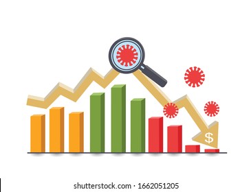 The spread of virus impacts the economy. Stock market down on coronavirus fears, Economy down with coronavirus 2019-nCov, Pandemic virus, Stock market crisis red price arrow down chart fall.