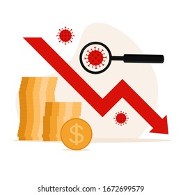 The spread of virus impacts the economy. Stock market down on coronavirus fears, Economy down with coronavirus 2019-nCov, Pandemic virus, Stock market crisis red price arrow down. Vector illustration