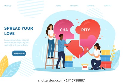 Spread Your Love concept supporting Charity with three young people putting together a heart puzzle with text - Charity, colored vector illustration