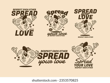 Spread your love, Heart mascot character illustration, design in vintage style in five different type