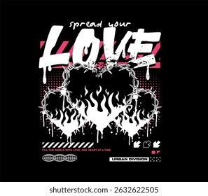 spread your love slogan with heart on fire in urban style perfect for t-shirt, print, streetwear, and fashion illustration