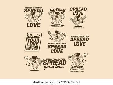 Spread your love, a variation of heart mascot character in retro style