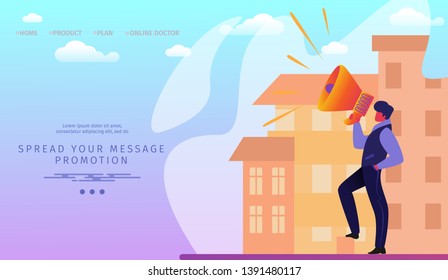 Spread your Message Promotion Horizontal Banner. Man with Megaphone in Hands Stand on Modern Cityscape Background. Social Media Marketing, Promo Advertising Offer. Cartoon Flat Vector Illustration