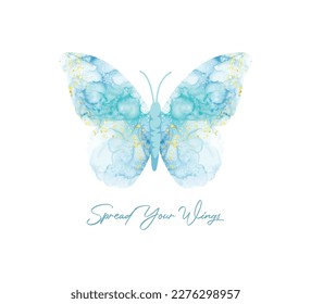 Spread your wings slogan with blue watercolor butterfly and gold glitter ornaments, vector design