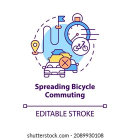 Spreading Bicycle Commuting Concept Icon. Bike Sharing Benefit Abstract Idea Thin Line Illustration. Cycling To Work. Reduce Traffic Congestion. Vector Isolated Outline Color Drawing. Editable Stroke