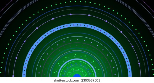 Spreading of circles made of lines and dots on a gradient dark green background. Expanding circles from from center. Ideal design for social media, poster, cover, banner, flyer, wall art