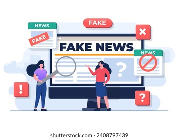 Spreading fake news concept flat illustration vector template, people character analyzing false information on online news, Press, Junk news content, Disinformation in newspaper