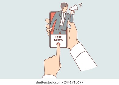 Spreading fake news and propaganda in mobile applications and instant messengers, inside phone in hands of person. Problem of misinformation or fake news negatively affecting emotional health of users