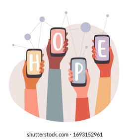 Spreading Hope Message On Social Media. Diverse Group Of People Fighting Together For The Same Cause. Cooperation, Unity, Social Community. Flat Illustration