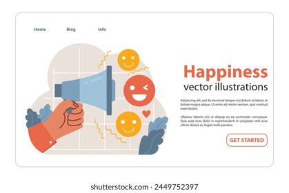 Spreading joy through voice. Hand holding megaphone emitting cheerful emoticons. Communication, positive vibes, expression. Sharing happiness. Flat vector illustration