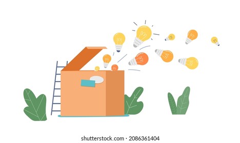 Spreading Knowledge and Ideas Educational Concept with. Lightbulbs Flying out of Open Carton Box. Insights, Education and New Ideas Spread with Lamps Fly Out of Container. Cartoon Vector Illustration