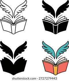 Spreading knowledge and imagination symbol visual several books with wings flying upward