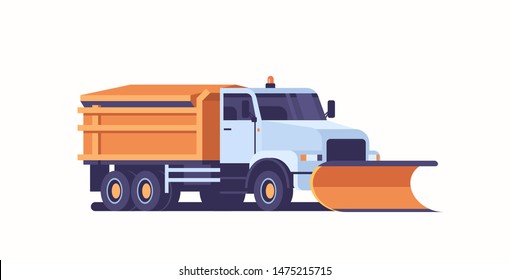 spreading salt on highway gritter snow plow truck icon professional cleaning road vehicle winter snow removal concept flat horizontal