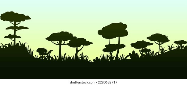 Spreading trees silhouette. Tropical forest. Dense jungle with big trees. Thickets of plants. Cartoon fun style. Flat design. Vector