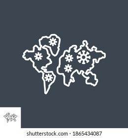 Spreading world map related vector thin line icon. Coronavirus Icons on World Map. Isolated on black background. Editable stroke. Vector illustration.