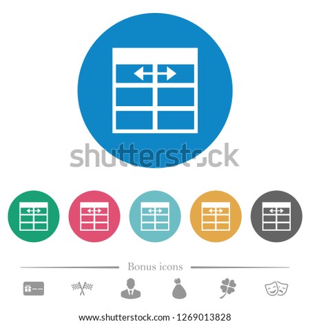 Spreadsheet adjust table column width flat white icons on round color backgrounds. 6 bonus icons included.