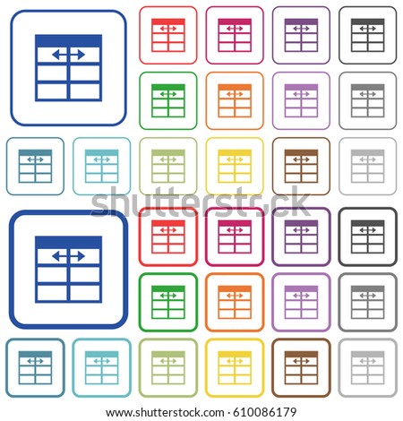 Spreadsheet adjust table column width color flat icons in rounded square frames. Thin and thick versions included.