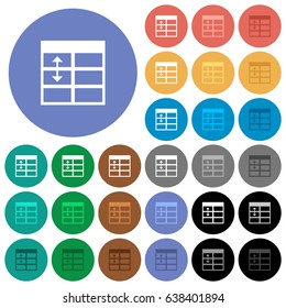 Spreadsheet adjust table row height multi colored flat icons on round backgrounds. Included white, light and dark icon variations for hover and active status effects, and bonus shades.