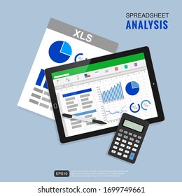Spreadsheet analysis vector illustration concept. Close view of tablet, pen tab, calculator and graph document symbol. Business and finance template 