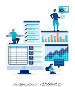 Spreadsheet and bar chart software for accounting planning and corporate data analysis in business office illustration