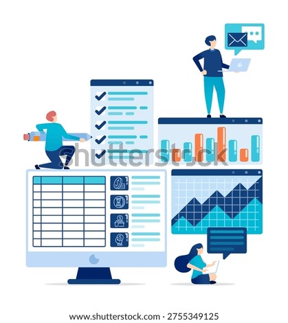 Spreadsheet and bar chart software for accounting planning and corporate data analysis in business office illustration