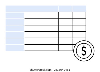 A spreadsheet with blue headers and multiple columns and rows, featuring a dollar symbol at the bottom. Ideal for financial planning, budgeting, data analysis, accounting, invoicing.