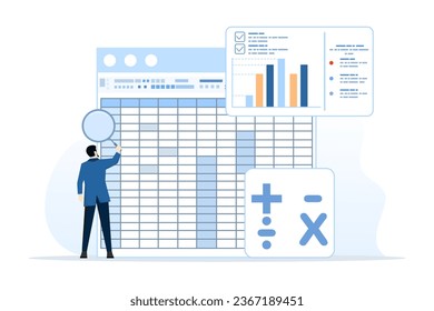 Spreadsheet concept, business analysis and analytics, database reports, financial accounting data with table numbers, budget calculations, profit and loss, generating report graphs from data.