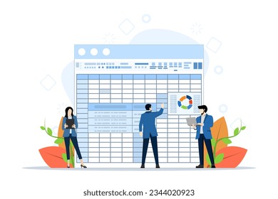 spreadsheet concept, business team analyze big data or information. Office employees make reports using spreadsheets. Work with databases. flat vector illustration on a white background.