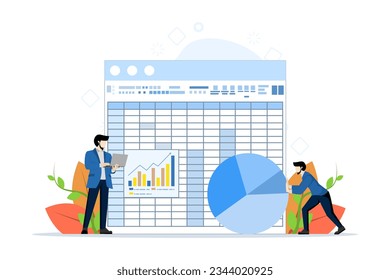 concepto de hoja de cálculo, el equipo de negocios analiza los grandes datos o la información. Los empleados de Office hacen informes utilizando hojas de cálculo. Trabajar con bases de datos. ilustración vectorial plana en un fondo blanco.