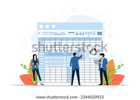 spreadsheet concept, business team analyze big data or information. Office employees make reports using spreadsheets. Work with databases. flat vector illustration on a white background.