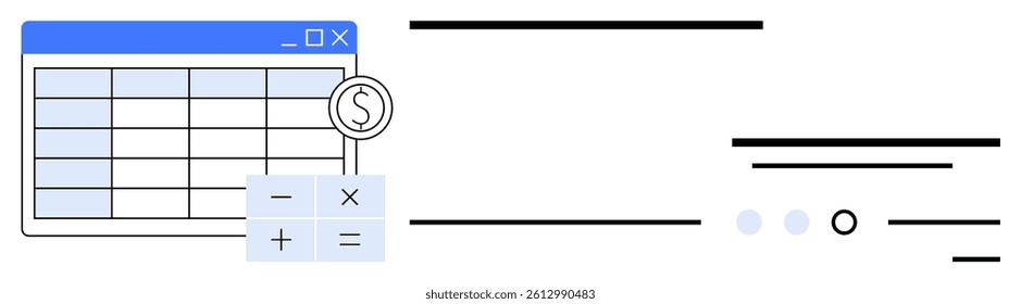 Spreadsheet with a currency symbol, calculator displaying arithmetic operations. Ideal for accounting, budgeting, financial analysis, business planning, expense tracking, data management, education