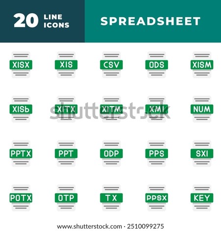 Spreadsheet document file type Set. xls, csv, xml, and pps collection symbol icons. Vector Illustration.