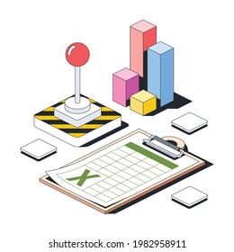 Spreadsheet document on tablet, investment, control panel. Vector 3d line isometric, color web icons, new flat style. Creative design idea for infographics.