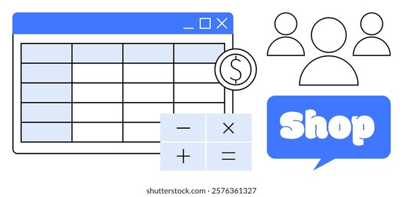 Spreadsheet with dollar sign and calculator, three user icons, and text bubble with shop. Ideal for e-commerce, business finance, customer management, online sales, and digital marketing. Clean