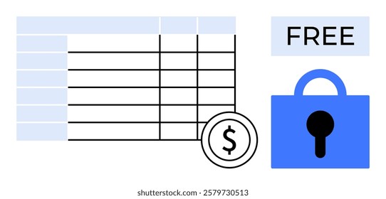 A spreadsheet with a dollar symbol and a blue lock representing secure, free financial software. Ideal for finance tracking, software development, budgeting, data security, online transactions. Flat