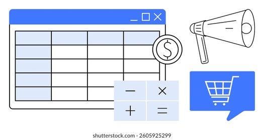 Spreadsheet with dollar symbol, calculator with arithmetic symbols, megaphone, and shopping cart icon. Ideal for finance, e-commerce, marketing, accounting, analytics, budgeting, and retail. Line