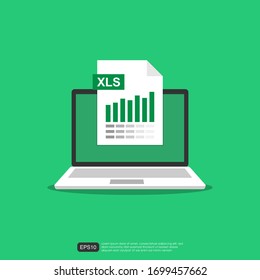 Spreadsheet files on Laptop screen. Financial accounting report concept. office things for planning and accounting, analysis, audit, project management, marketing, research vector illustration