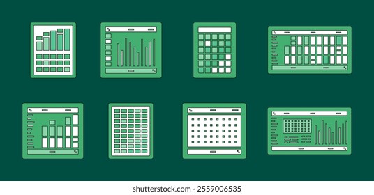 Spreadsheet flat illustration. Financial accounting report concept. office things for planning accounting, analysis, audit, project management, marketing, research vector set. Infographic UI Elements