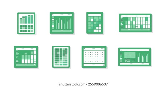 Spreadsheet flat illustration. Financial accounting report concept. office things for planning accounting, analysis, audit, project management, marketing, research vector set. Infographic UI Elements