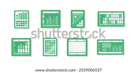 Spreadsheet flat illustration. Financial accounting report concept. office things for planning accounting, analysis, audit, project management, marketing, research vector set. Infographic UI Elements