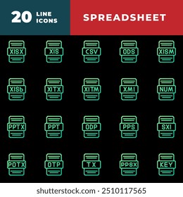 Conjunto de ícones de estilo de gradiente de planilha. conjunto de ícones de símbolo de formato de arquivo. pode ser usado para ilustrações de vetor de sites, interface do usuário e aplicativo móvel.