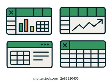 Ilustración plana de icono de hoja de cálculo. Concepto de informe de contabilidad financiera. cosas de oficina para la planificación contable, análisis, auditoría, gestión de proyectos, marketing, conjunto de Vectores de investigación.