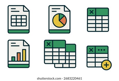 Spreadsheet icon flat illustration. Financial accounting report concept. office things for accounting planning, analysis, audit, project management, marketing, research vector set.