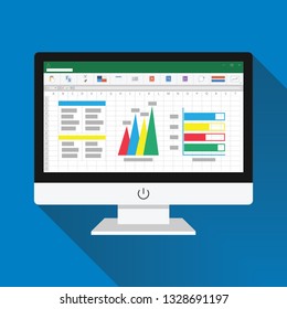 Spreadsheet on Computer screen flat icon. Financial accounting report concept. office things for planning and accounting, analysis, audit, project management, marketing, research vector illustration.