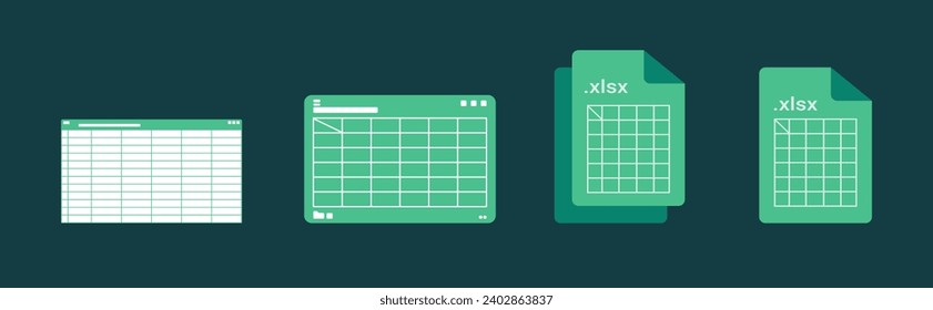 Spreadsheet on Computer screen flat illustration. Financial accounting report concept. office things for planning and accounting, analysis, audit, project management, marketing, research vector set