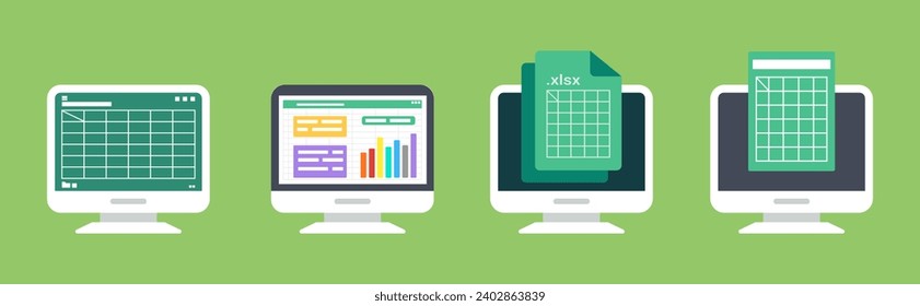 Spreadsheet on Computer screen flat illustration. Financial accounting report concept. office things for planning and accounting, analysis, audit, project management, marketing, research vector set