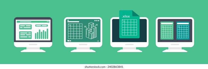 Spreadsheet on Computer screen flat illustration. Financial accounting report concept. office things for planning and accounting, analysis, audit, project management, marketing, research vector set