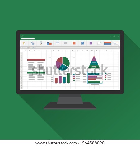 Spreadsheet on Computer screen flat icon. Financial accounting report concept. office things for planning and accounting, analysis, audit, project management, marketing, research vector illustration. Stock photo © 