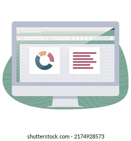 Spreadsheet on computer screen with green bubble isolated on white background. Preparation to start work. Flat design vector illustration